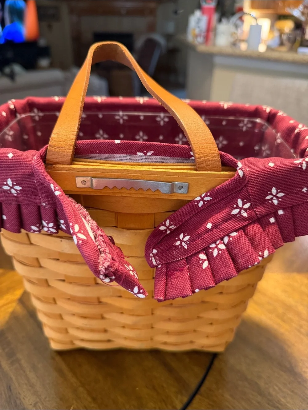 Longaberger Woven Basket with Burgundy Band and Tan Handle